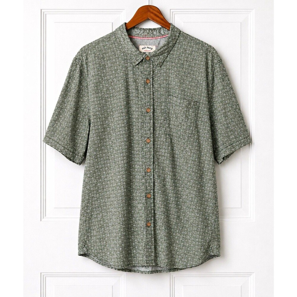 Fat Face Men’s Short Sleeve Button Front Shirt Washed Green Geometric Print 48